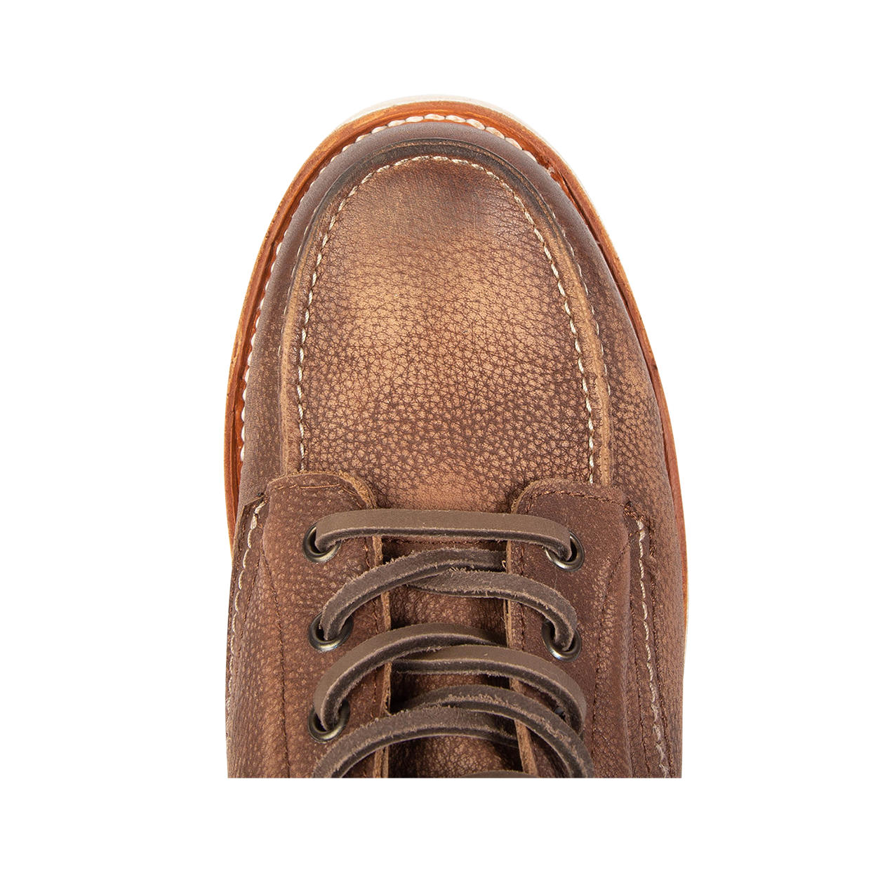 Top view showing round toe and leather lacing on FREEBIRD men's Carbon brown distressed shoe