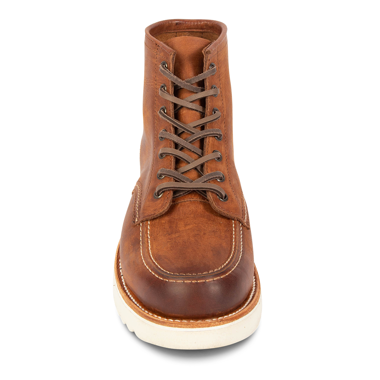 Front view showing leather tongue construction and adjustable leather lace closure on FREEBIRD men's Carbon cognac shoe