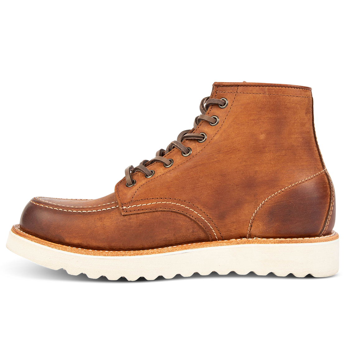 Inside view showing leather body and soft sole on FREEBIRD men's Carbon cognac shoe