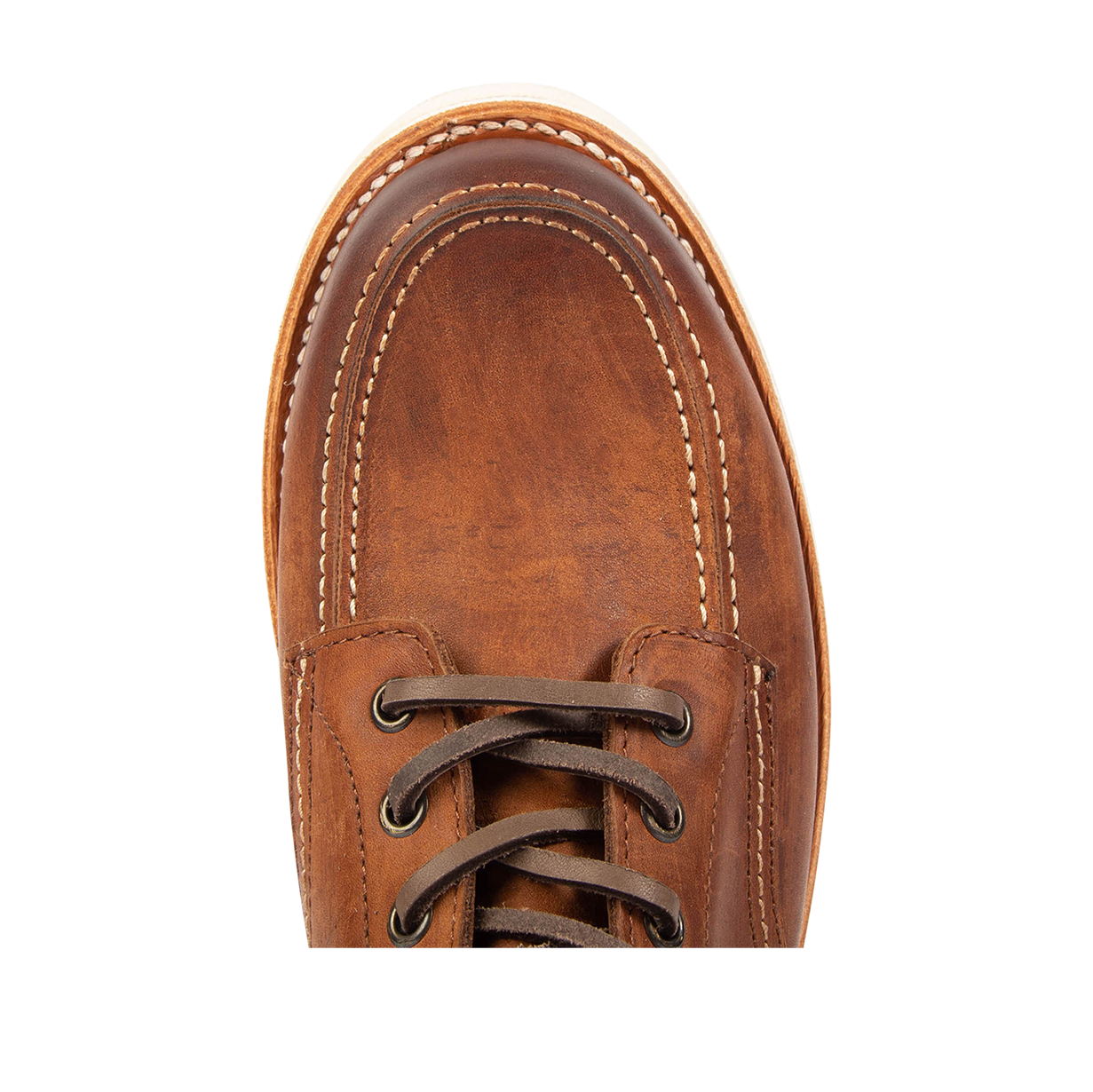 Top view showing round toe and leather lacing on FREEBIRD men's Carbon cognac shoe