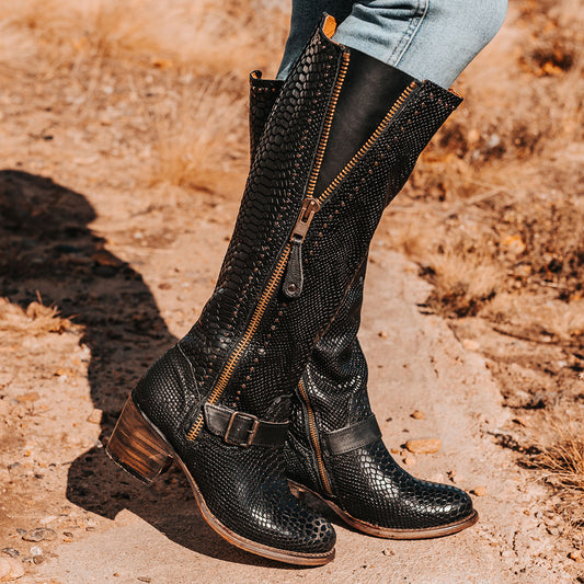 FREEBIRD women's Carson black snake tall boot with metal zipper, stud detailing and ankle strap