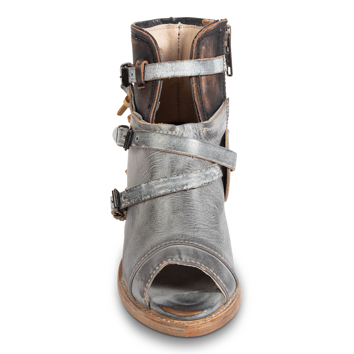 Front view showing cutout and leather ankle strap FREEBIRD women's Carterr ice multi sandal