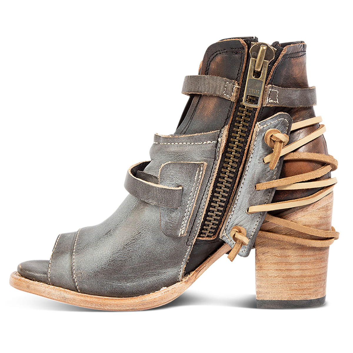 Inside view showing working brass zip closure on FREEBIRD women's Carterr ice multi sandal