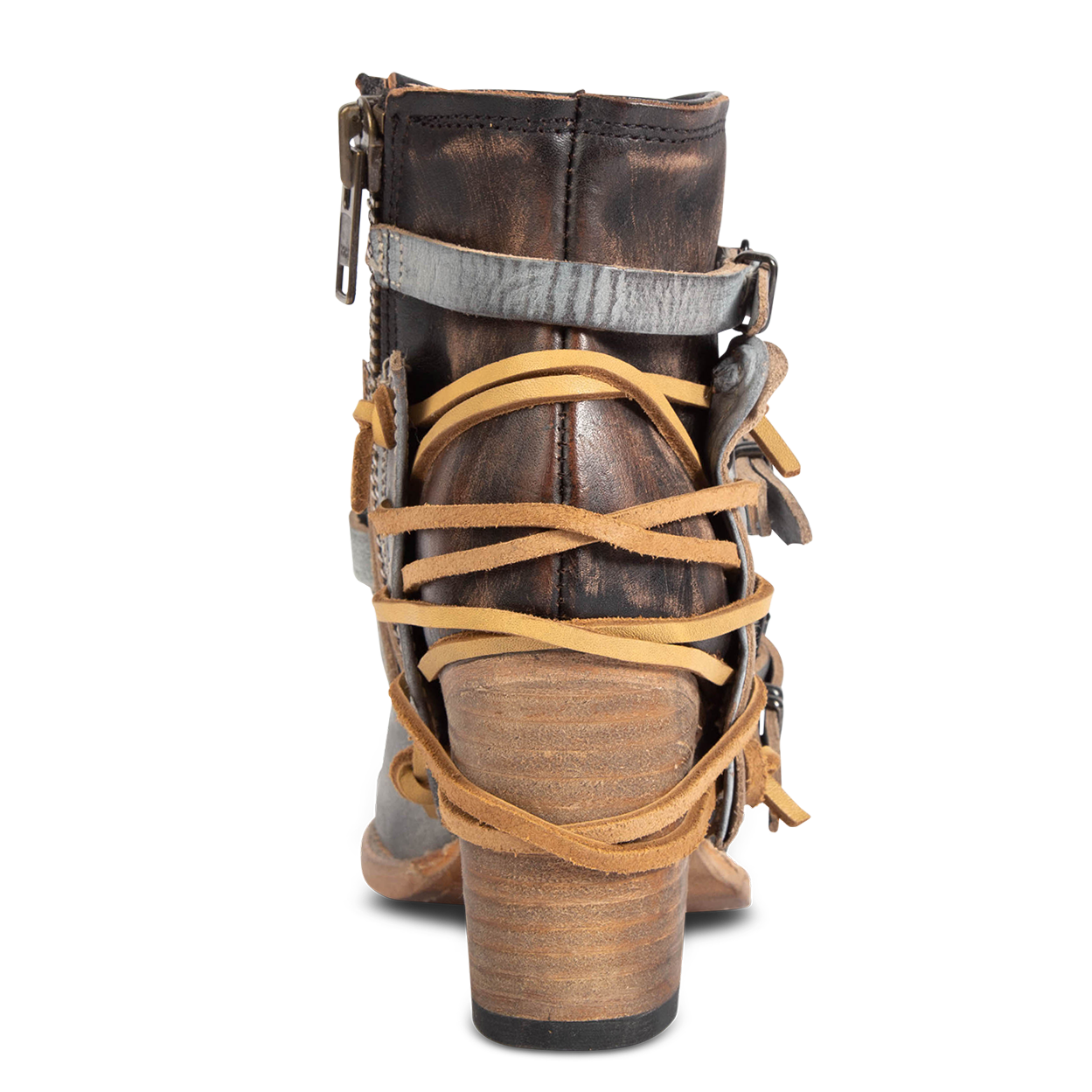 Back view showing black leather lacing and wood wrapped heel on FREEBIRD women's Carterr ice multi sandal
