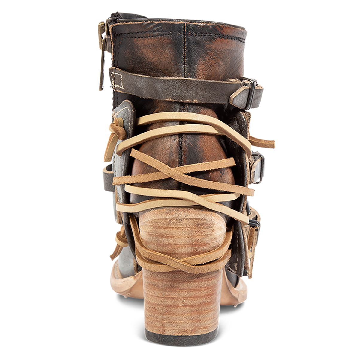 Back view showing black leather lacing and wood wrapped heel on FREEBIRD women's Carterr ice multi sandal