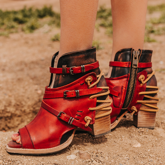 FREEBIRD women's Carterr red multi sandal with back lacing and a front dip