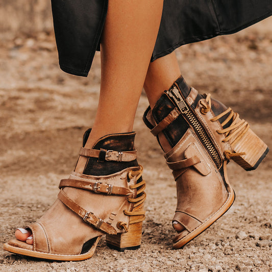 FREEBIRD women's Carterr taupe sandal with back lacing and a front dip