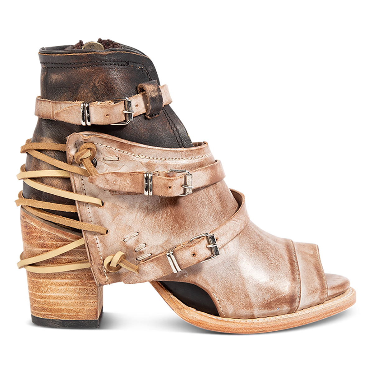 FREEBIRD women's Carterr taupe sandal with back lacing and a front dip