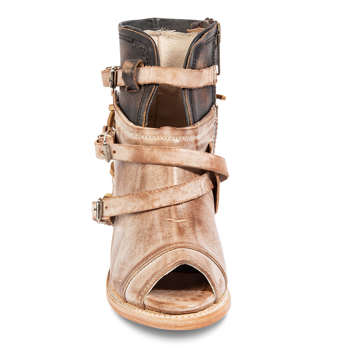 Front view showing cutout and leather ankle strap FREEBIRD women's Carterr taupe sandal