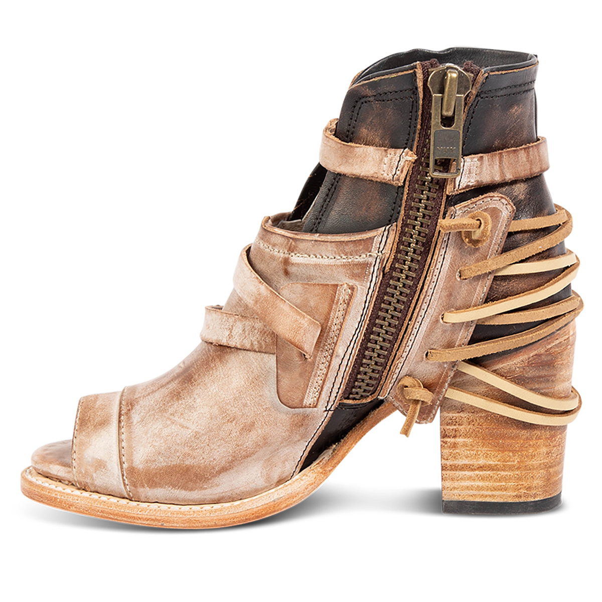 Inside view showing working brass zip closure on FREEBIRD women's Carterr taupe sandal