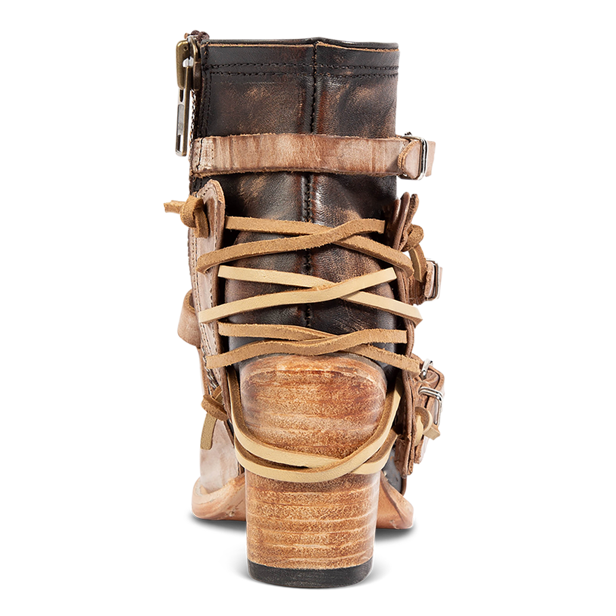 Back view showing black leather lacing and wood wrapped heel on FREEBIRD women's Carterr taupe sandal