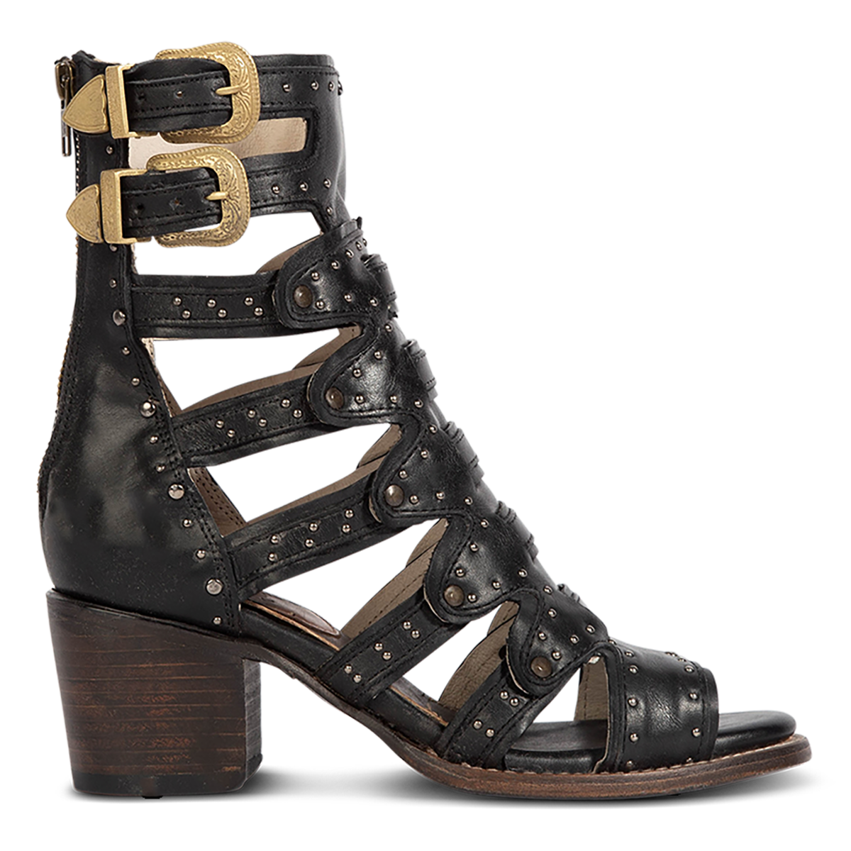 FREEBIRD women's Cashmere black leather sandal with gold adjustable shaft straps, a structured double layer leather detailing and stud embellishments