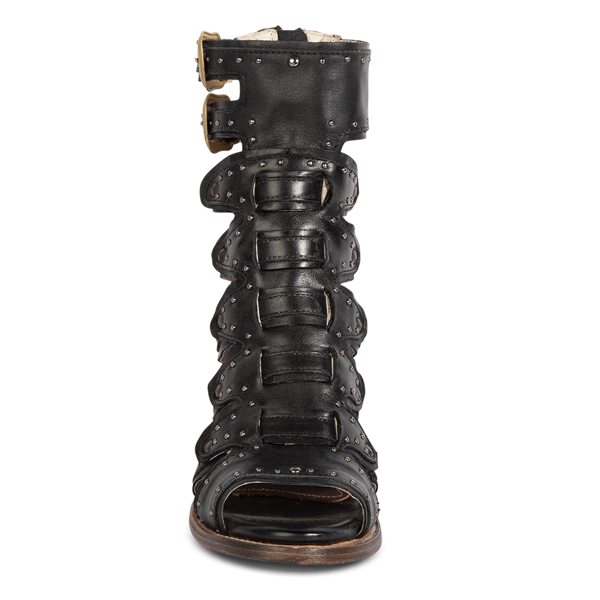 Front view showing FREEBIRD women's Cashmere black leather sandal with a structured double layer leather detailing and stud embellishments