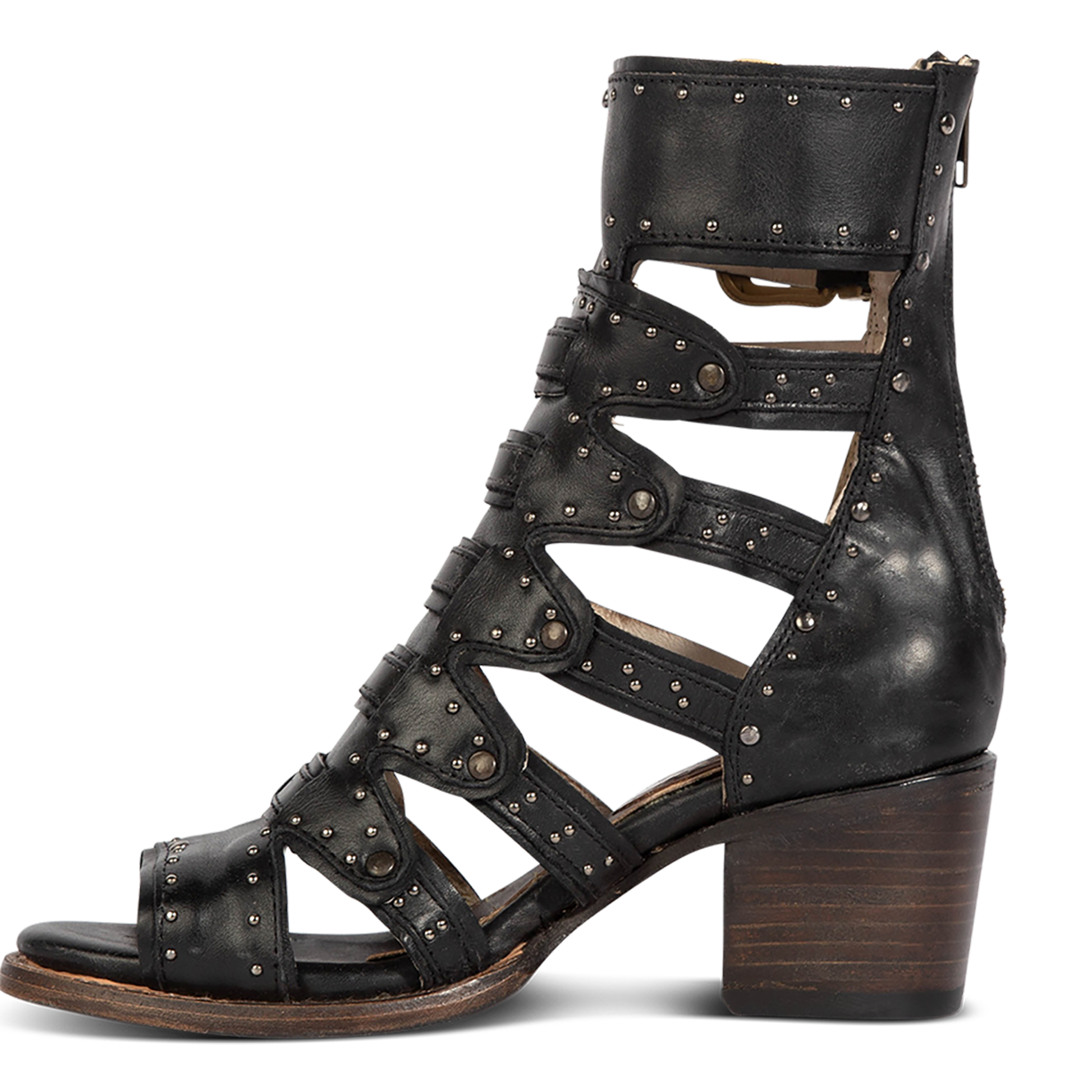 Inside view showing FREEBIRD women's Cashmere black leather sandal with a structured double layer leather detailing, stud embellishments and a lifted heel