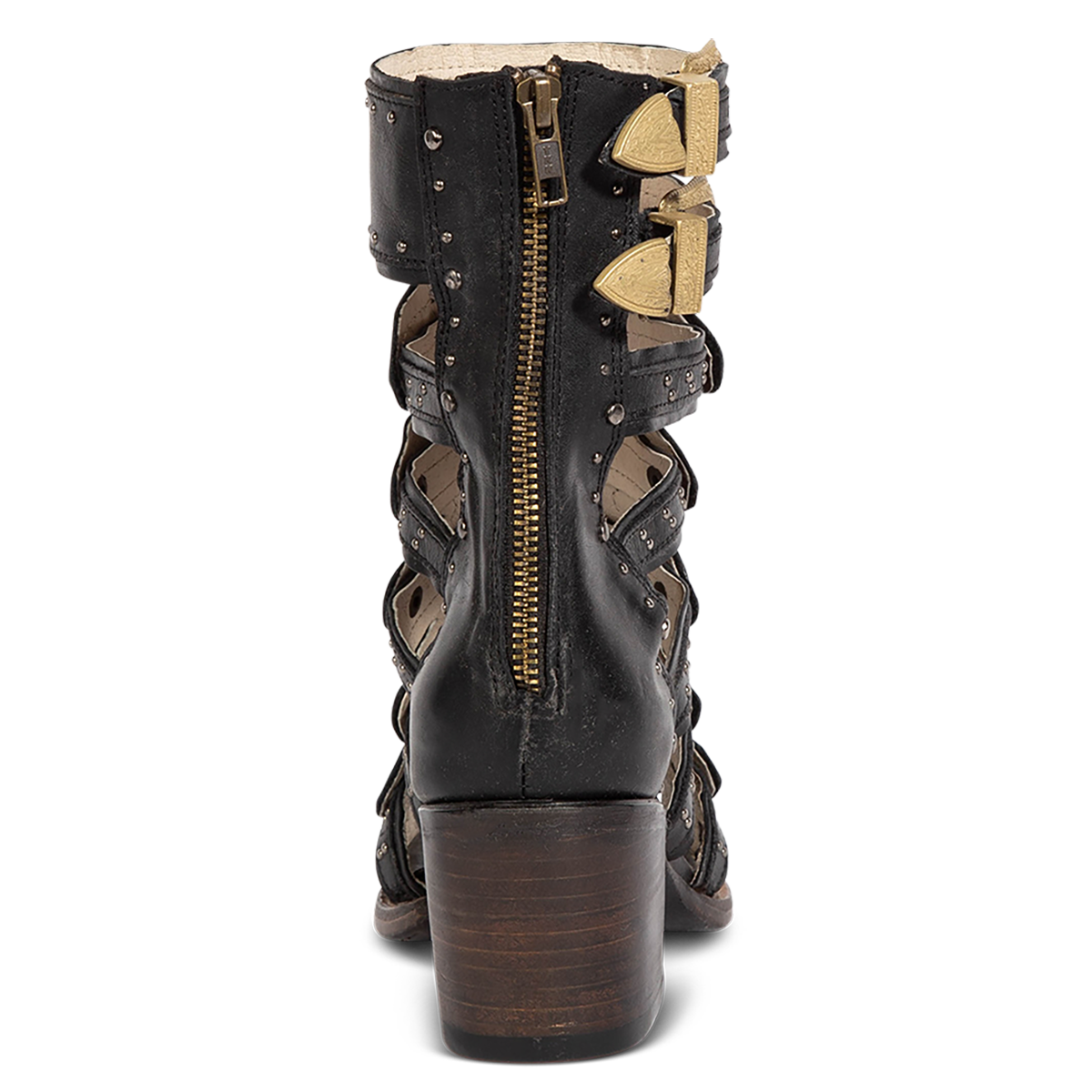 Back view showing a full working brass zipper and lifted heel on FREEBIRD women's Cashmere black leather sandal