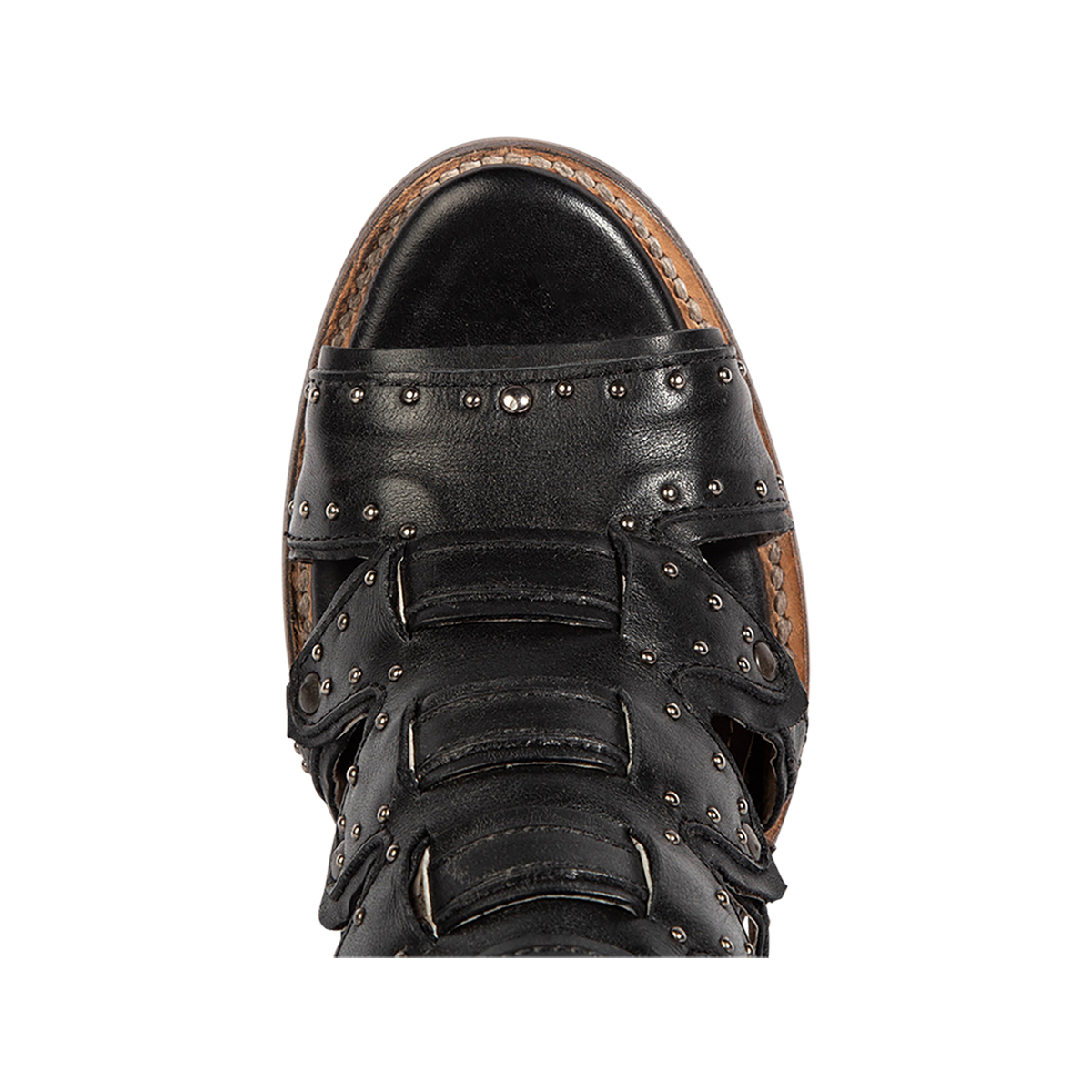 Top view showing an open toe construction and double leather detailing on FREEBIRD women's Cashmere black leather sandal