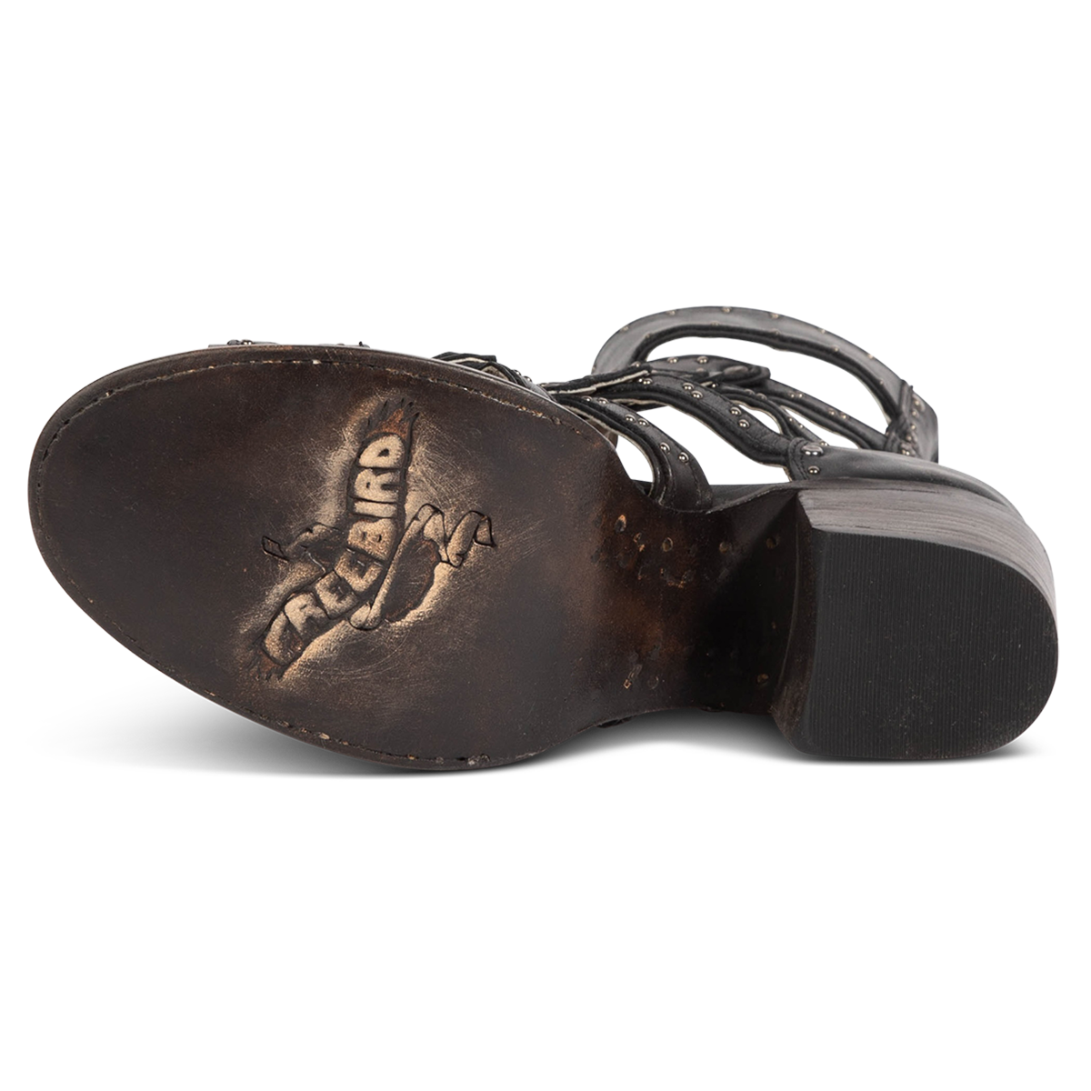 Leather sole imprinted with FREEBIRD on women's Cashmere black leather sandal 