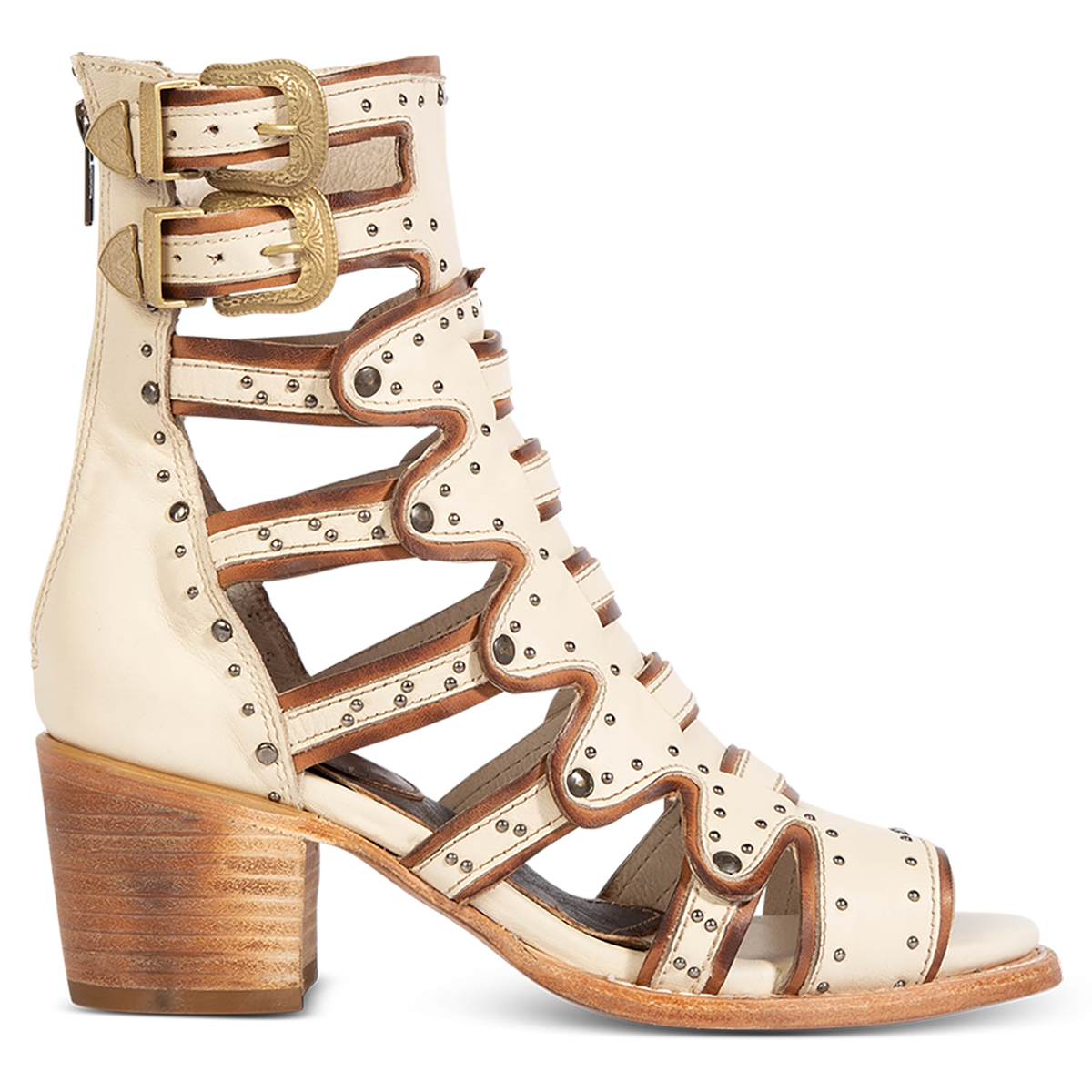 FREEBIRD women's Cashmere off white leather sandal with gold adjustable shaft straps, a structured double layer leather detailing and stud embellishments