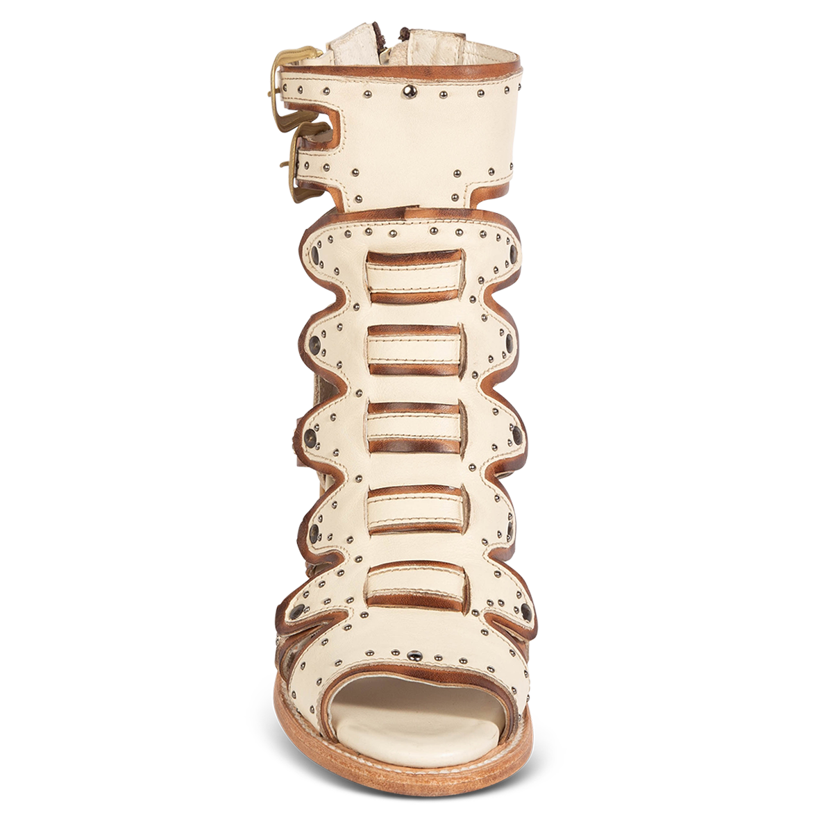Front view showing FREEBIRD women's Cashmere off white leather sandal with a structured double layer leather detailing and stud embellishments