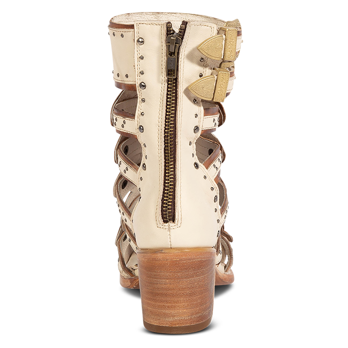 Back view showing a full working brass zipper and lifted heel on FREEBIRD women's Cashmere off white leather sandal