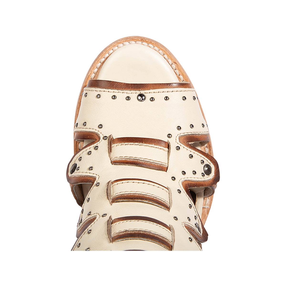 Top view showing an open toe construction and double leather detailing on FREEBIRD women's Cashmere off white leather sandal