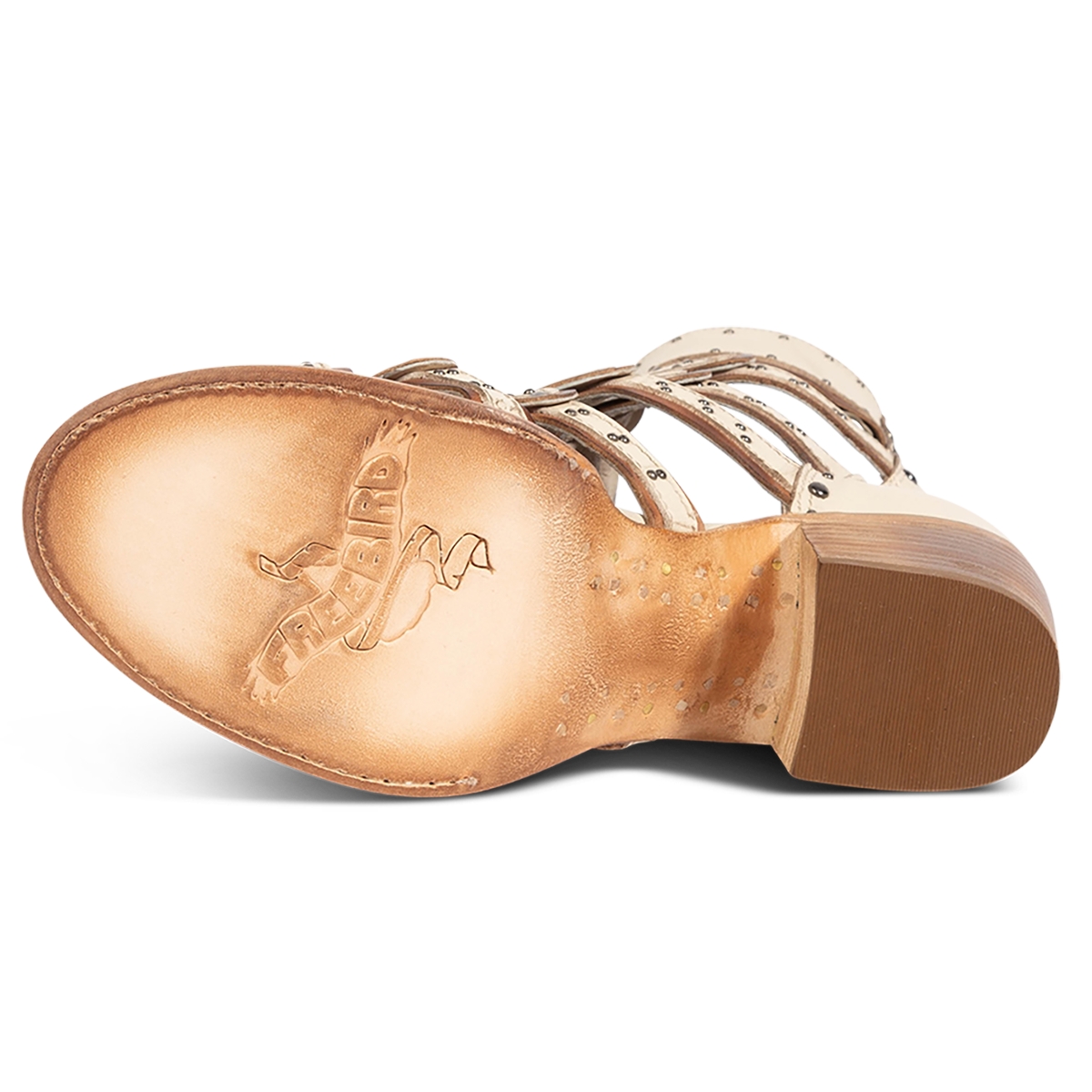 Leather sole imprinted with FREEBIRD on women's Cashmere off white leather sandal 