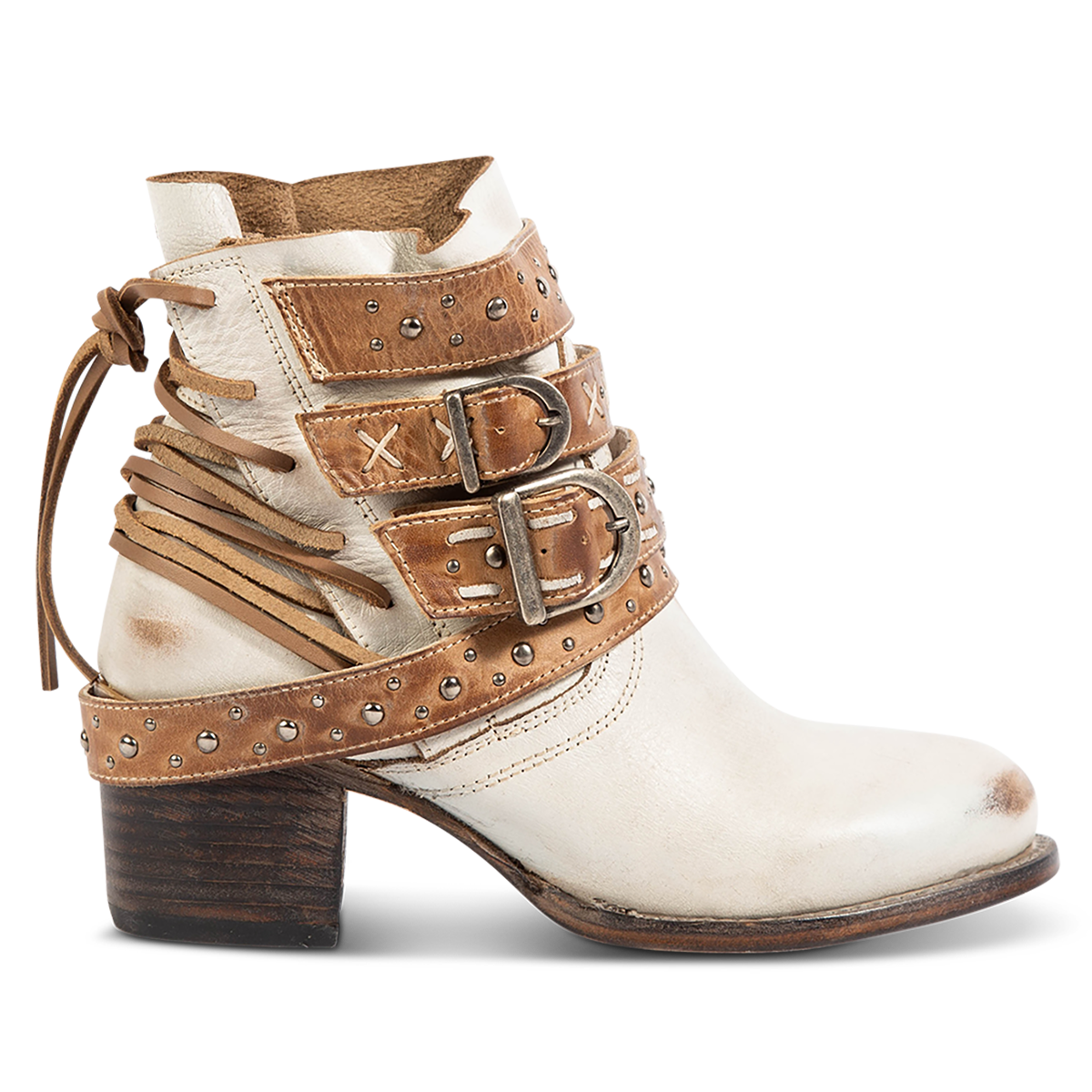 FREEBIRD women's Caspian ice multi leather bootie with back tie lacing, round toe construction and adjustable shaft belts