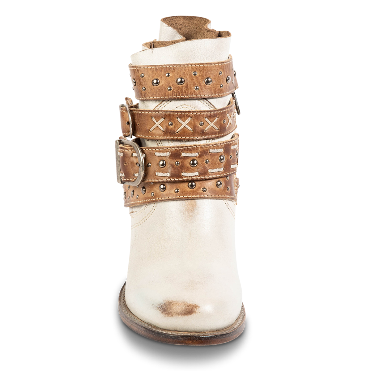 Front view showing FREEBIRD women's Caspian ice multi leather bootie with back tie lacing, round toe construction and adjustable shaft belts