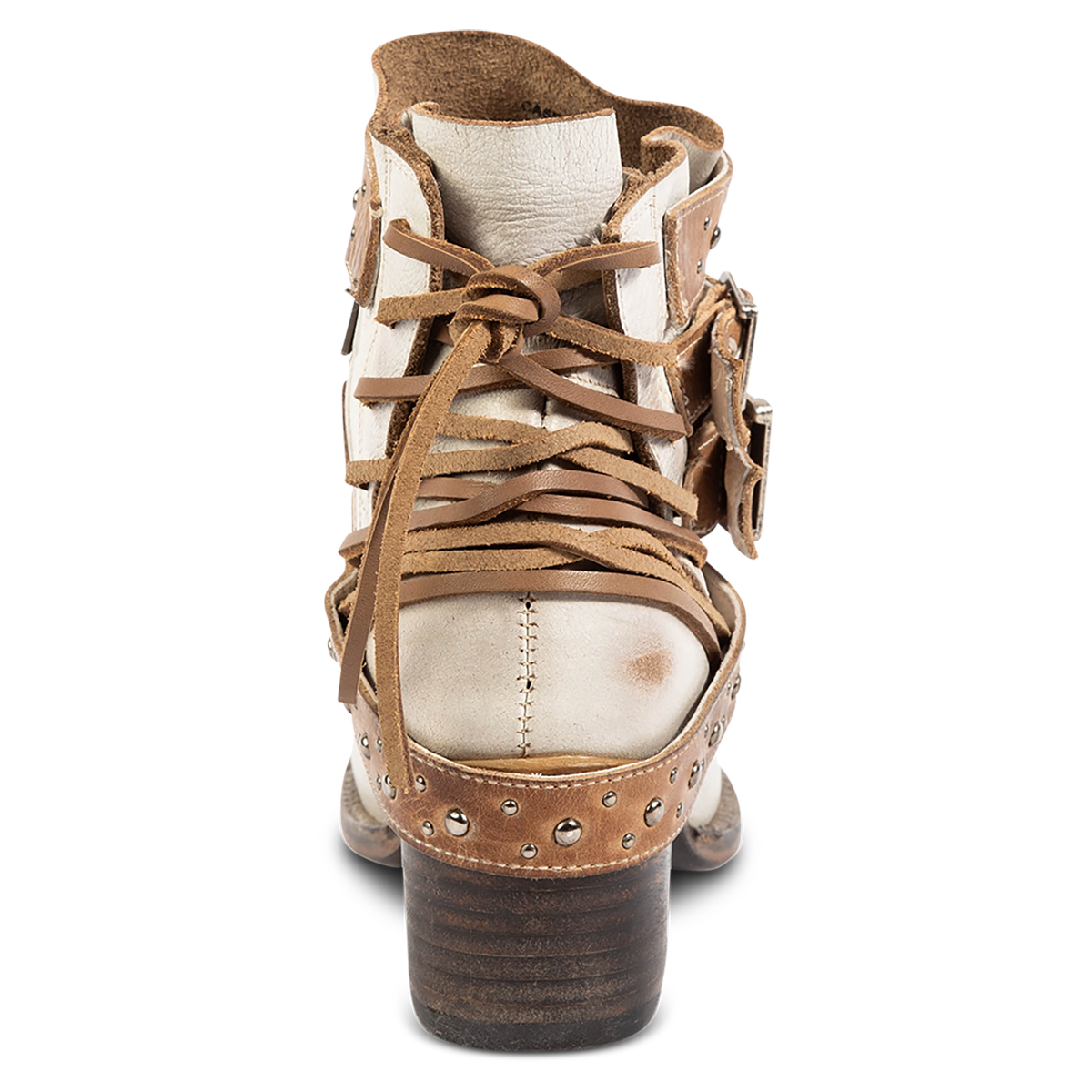 Back view showing FREEBIRD women's Caspian ice multi leather bootie with back tie lacing, round toe construction and adjustable shaft belts