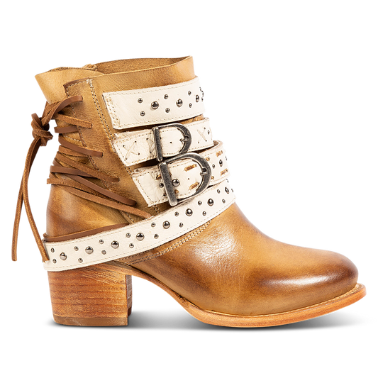 FREEBIRD women's Caspian natural multi leather bootie with back tie lacing, round toe construction and adjustable shaft belts