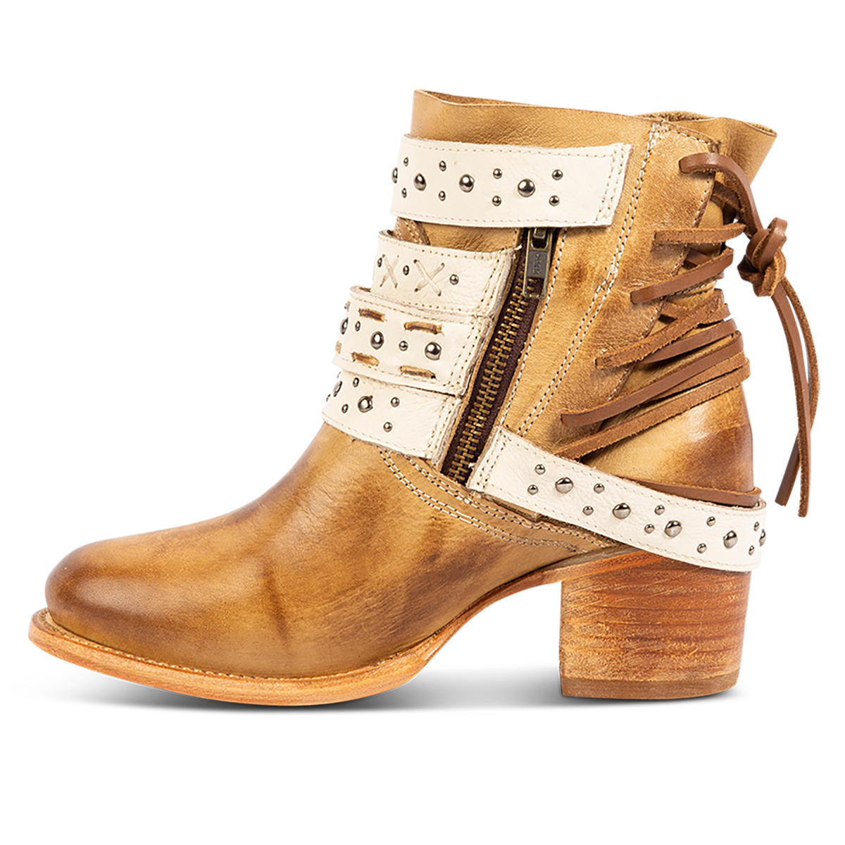 Inside view showing working brass zip closure on FREEBIRD women's capsian natural multi bootie