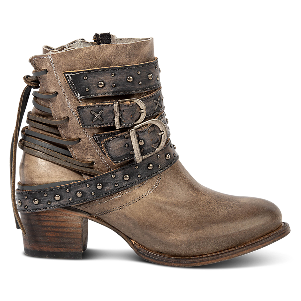 FREEBIRD women's Caspian stone leather bootie with back tie lacing, round toe construction and adjustable shaft belts