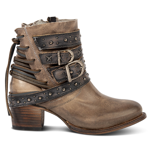FREEBIRD women's Caspian stone leather bootie with back tie lacing, round toe construction and adjustable shaft belts