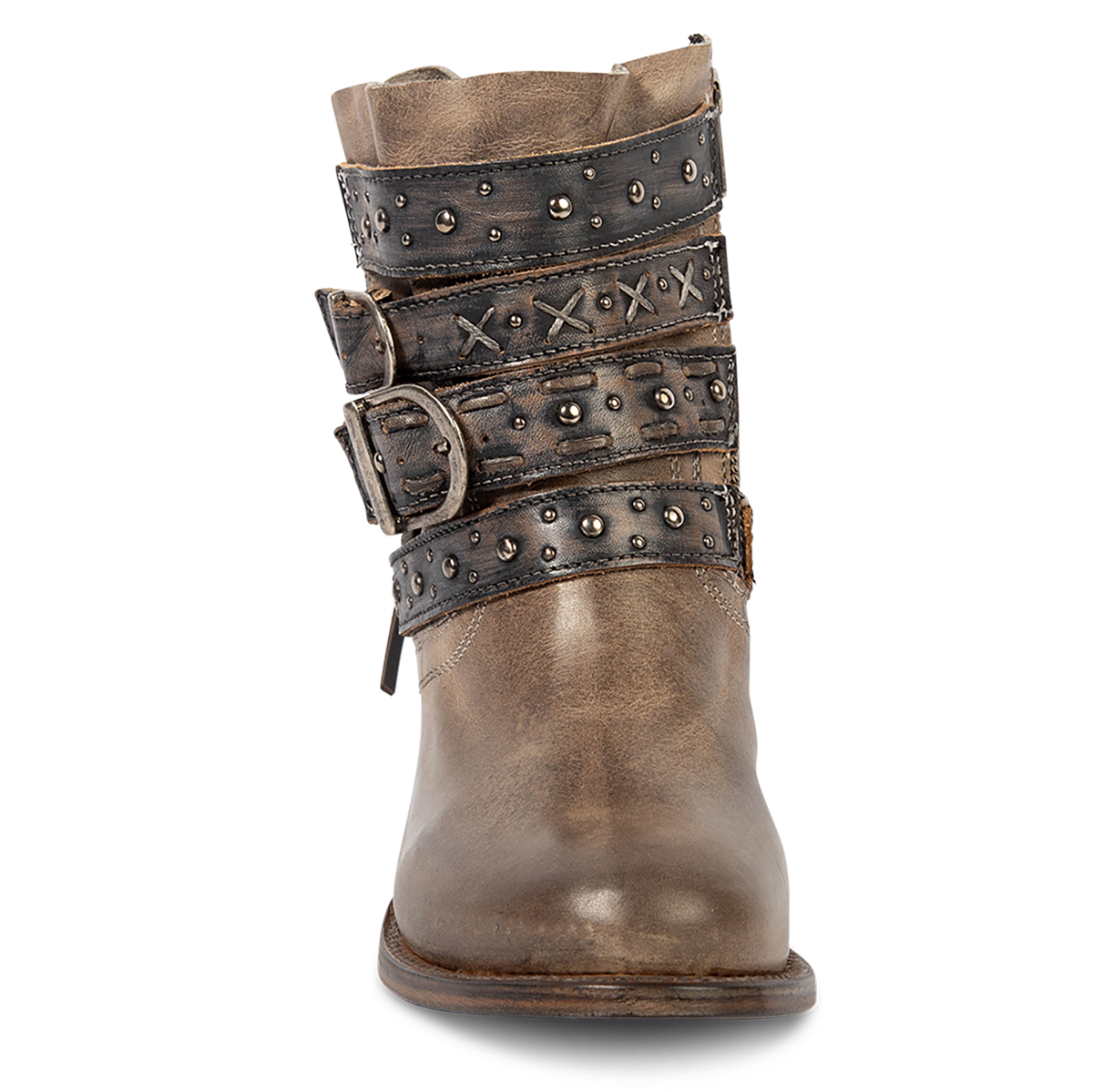 Front view showing FREEBIRD women's Caspian stone multi leather bootie with back tie lacing, round toe construction and adjustable shaft belts