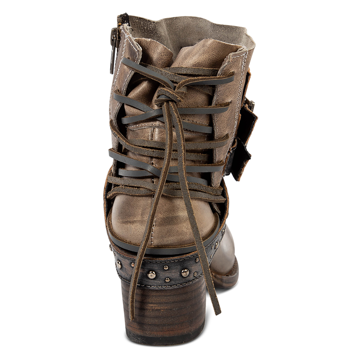 Back view showing FREEBIRD women's Caspian stone multi leather bootie with back tie lacing, round toe construction and adjustable shaft belts