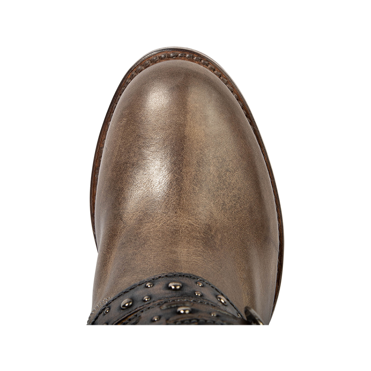 Top view showing FREEBIRD women's Caspian stone multi leather bootie with round toe construction 