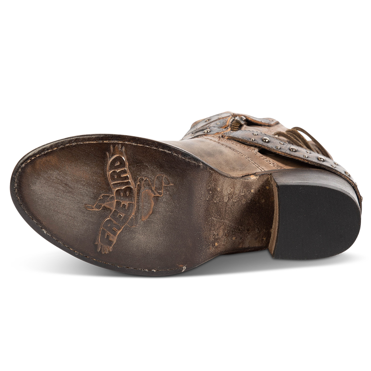Leather sole imprinted with FREEBIRD on women's Caspian stone multi bootie