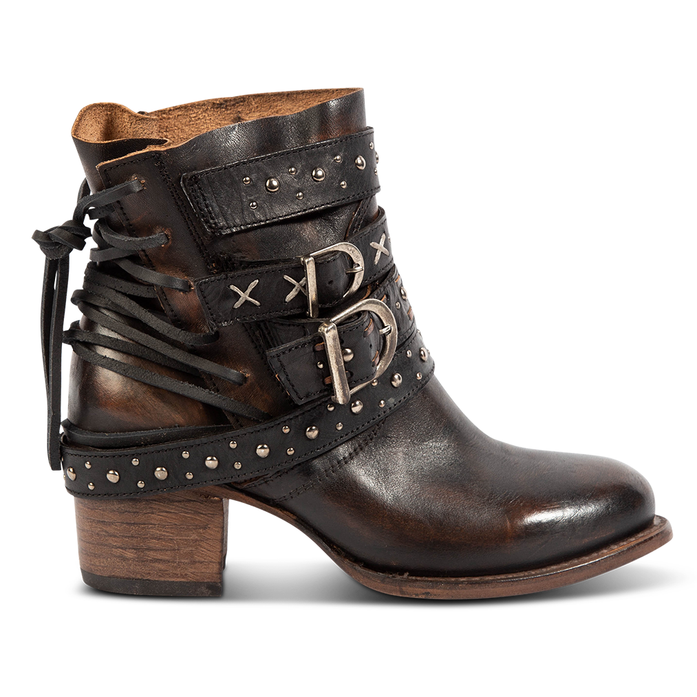 FREEBIRD women's Caspian black multi leather bootie with back tie lacing, round toe construction and adjustable shaft belts