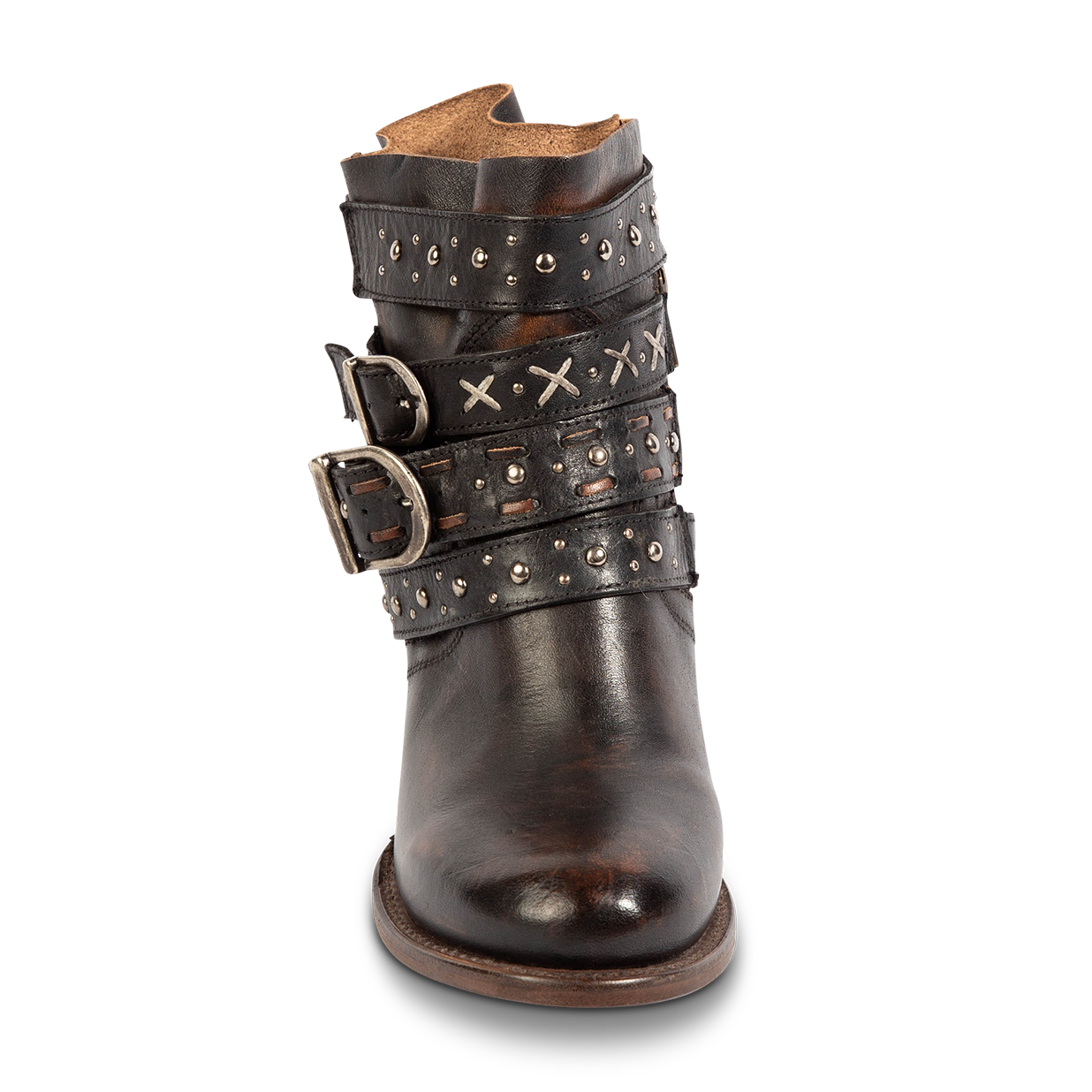 Front view showing FREEBIRD women's Caspian black multi leather bootie with back tie lacing, round toe construction and adjustable shaft belts