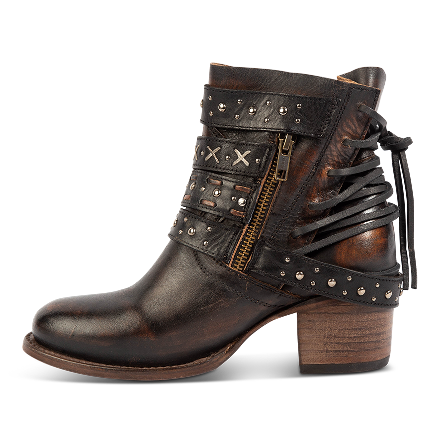 Inside view showing working brass zip closure on FREEBIRD women's Caspian black multi bootie