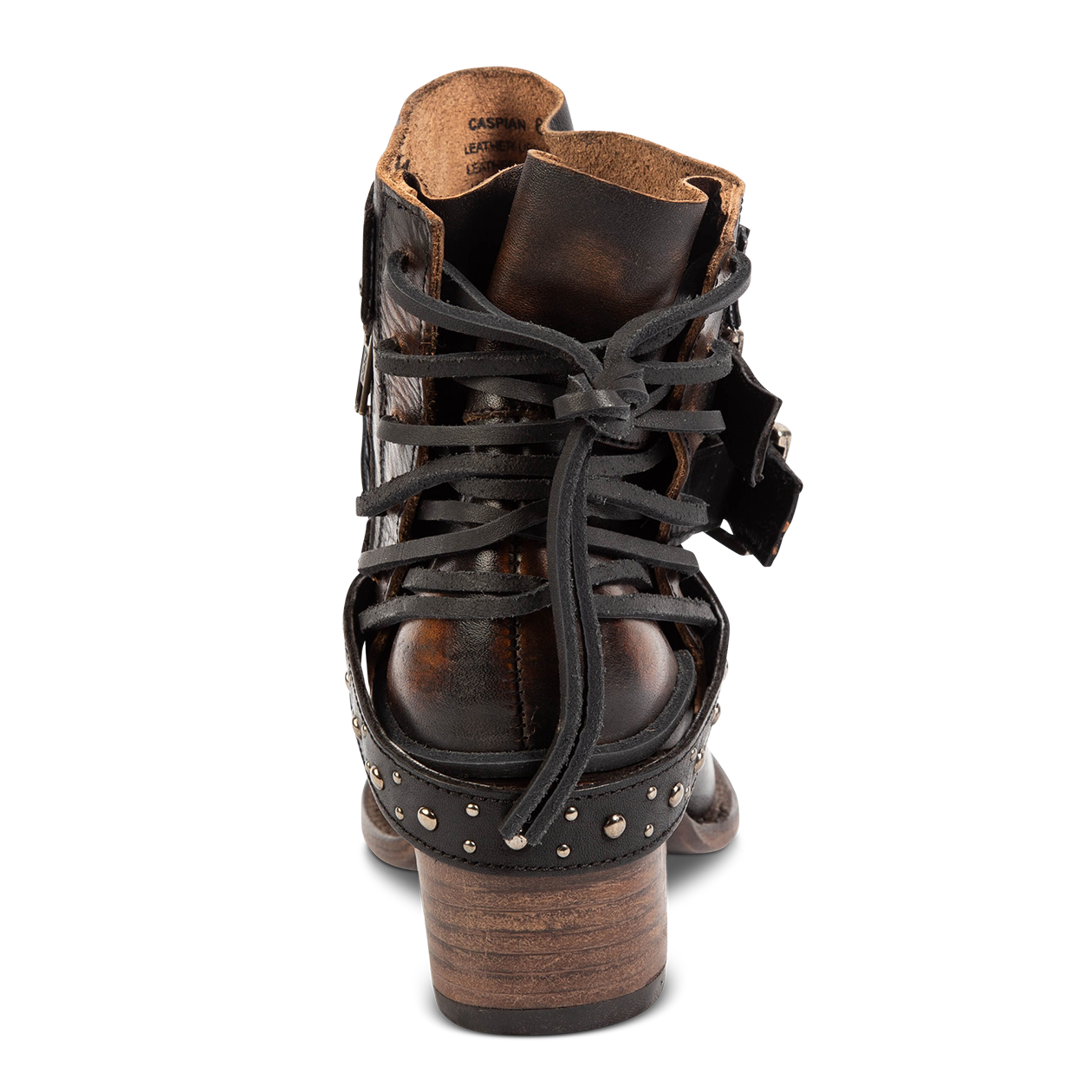 Back view showing FREEBIRD women's Caspian black multi leather bootie with back tie lacing, round toe construction and adjustable shaft belts