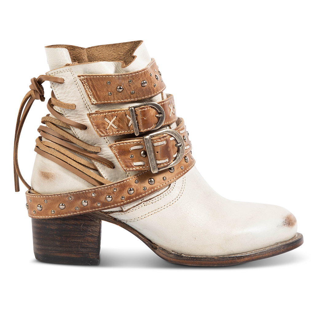 FREEBIRD women's Caspian ice multi leather bootie with back tie lacing, round toe construction and adjustable shaft belts