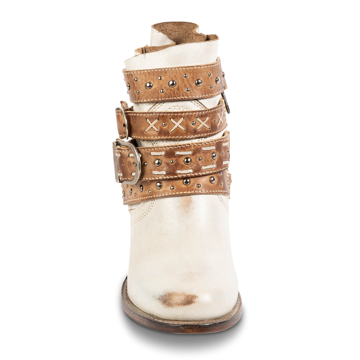 Front view showing FREEBIRD women's Caspian ice multi leather bootie with back tie lacing, round toe construction and adjustable shaft belts
