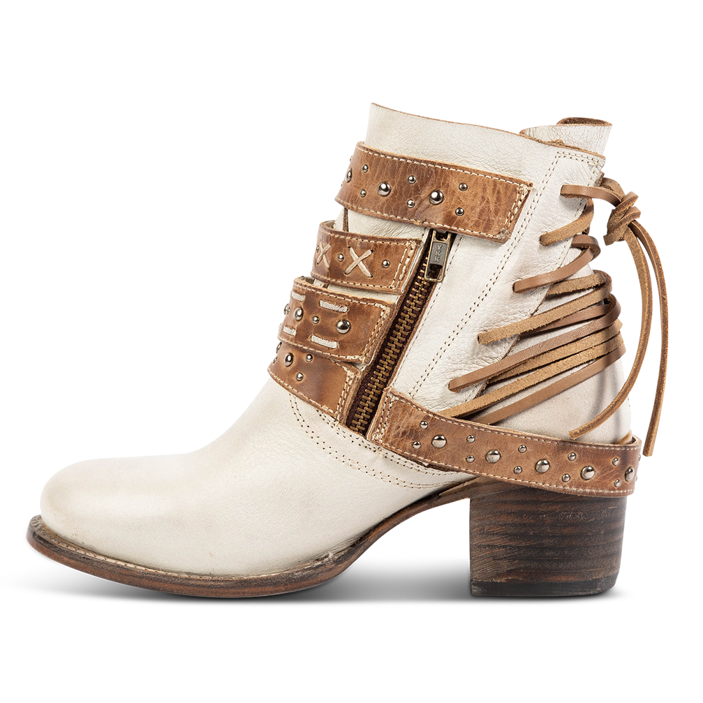 Inside view showing working brass zip closure on FREEBIRD women's capsian ice multi bootie