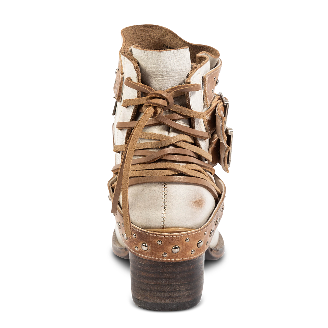 Back view showing FREEBIRD women's Caspian ice multi leather bootie with back tie lacing, round toe construction and adjustable shaft belts