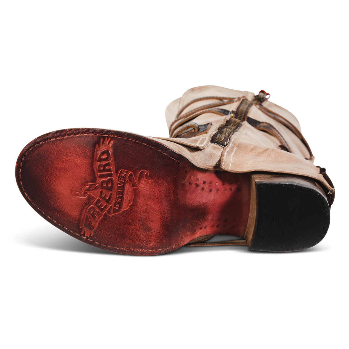 Top view showing round toe and leather ankle overlay on FREEBIRD women's Cassius beige multi tall leather boot