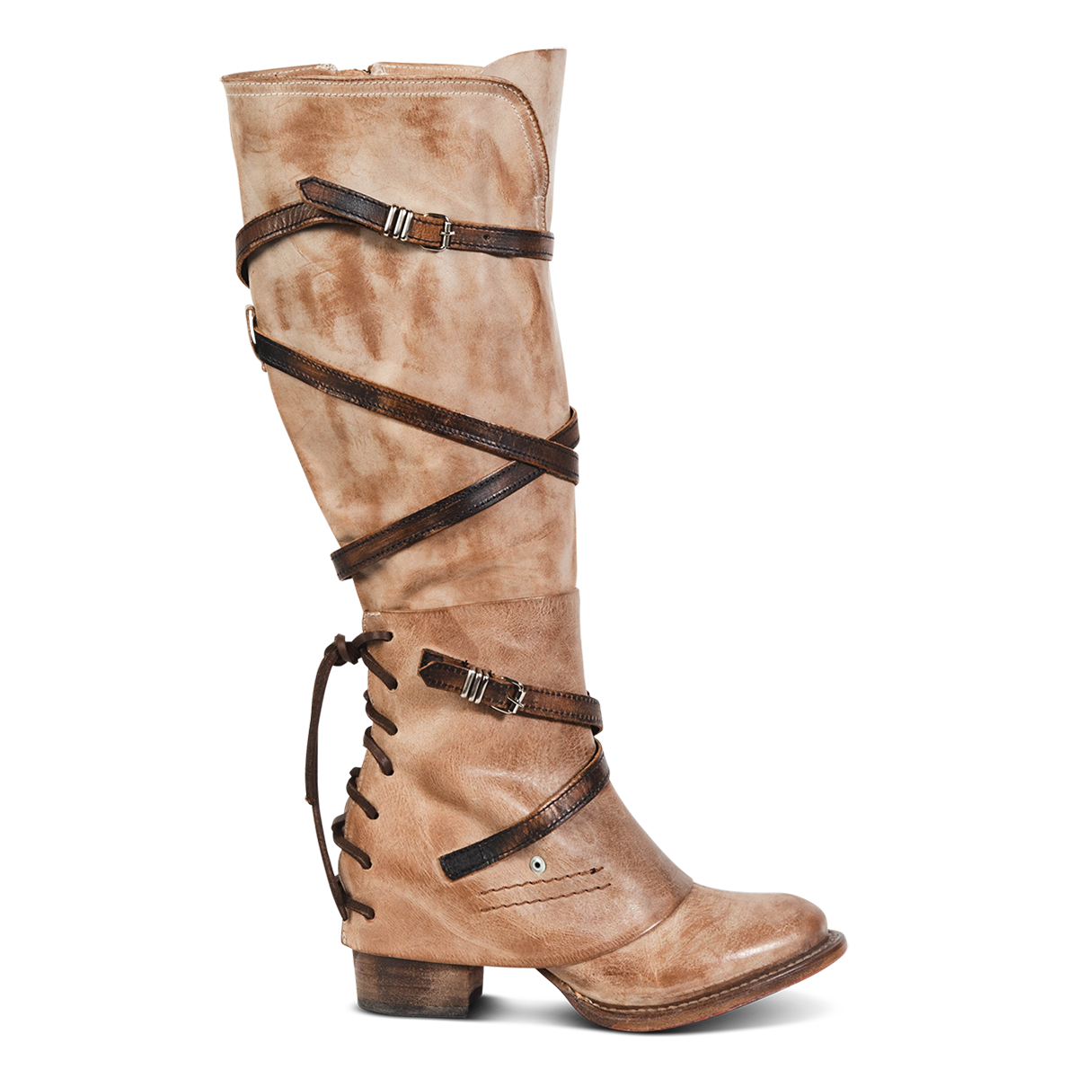 FREEBIRD women's Cassius beige multi strappy tall boot with back lacing ankle overlay