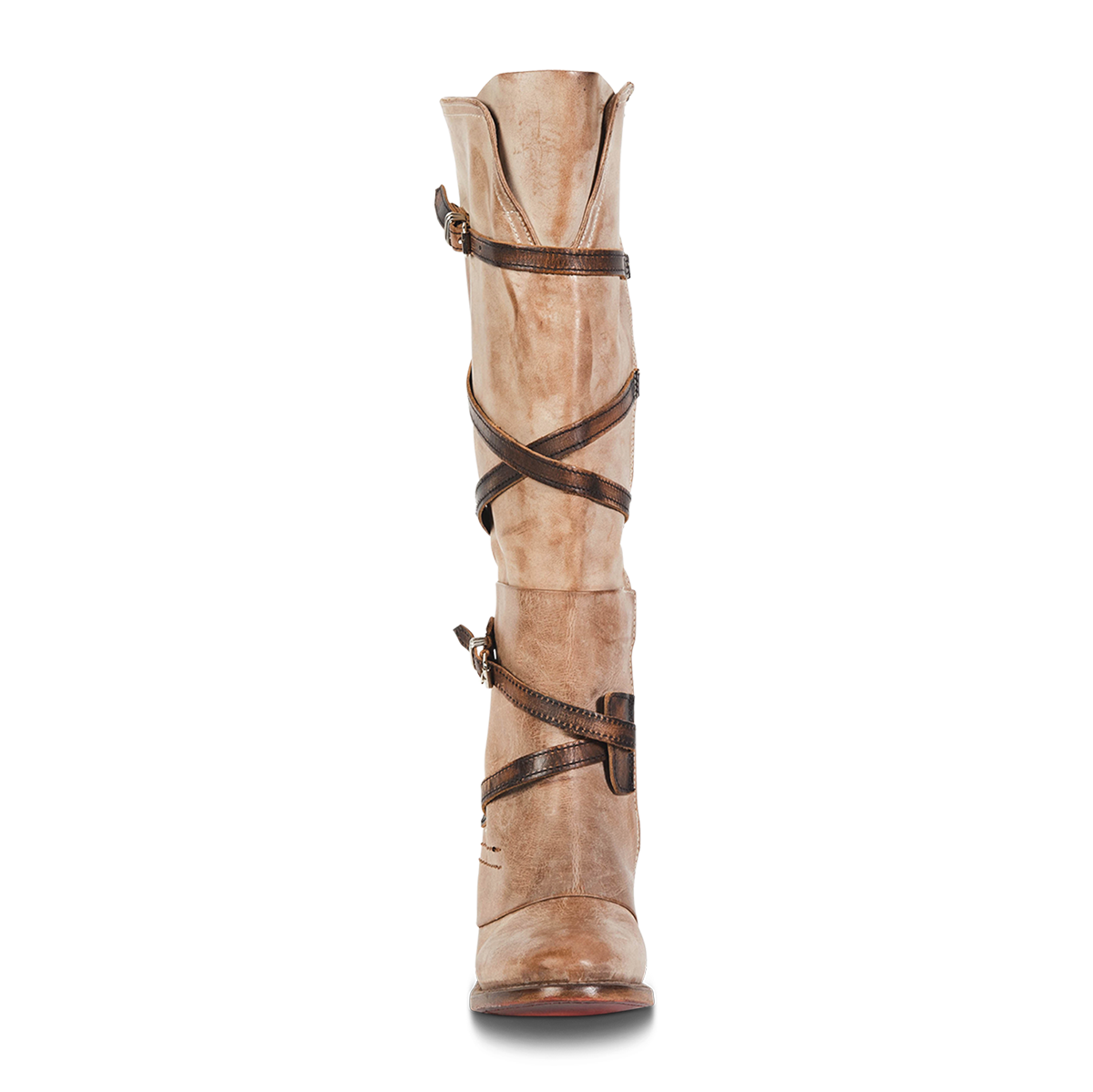 Front view showing crisscrossing leather shaft straps with silver hardware on FREEBIRD women's Cassius beige multi tall leather boot