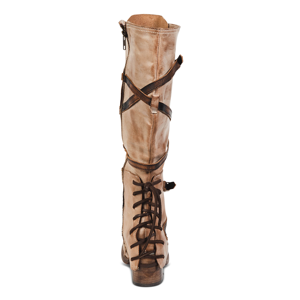 Back view showing leather shaft straps and lacing ankle overlay on FREEBIRD women's Cassius beige multi tall leather boot
