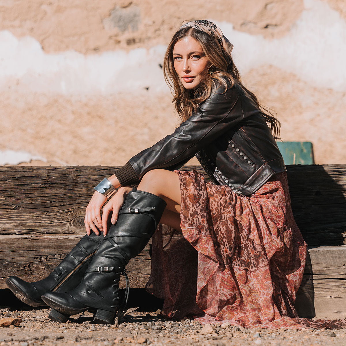 FREEBIRD women's Cassius black leather strappy tall boot with back lacing ankle overlay lifestyle